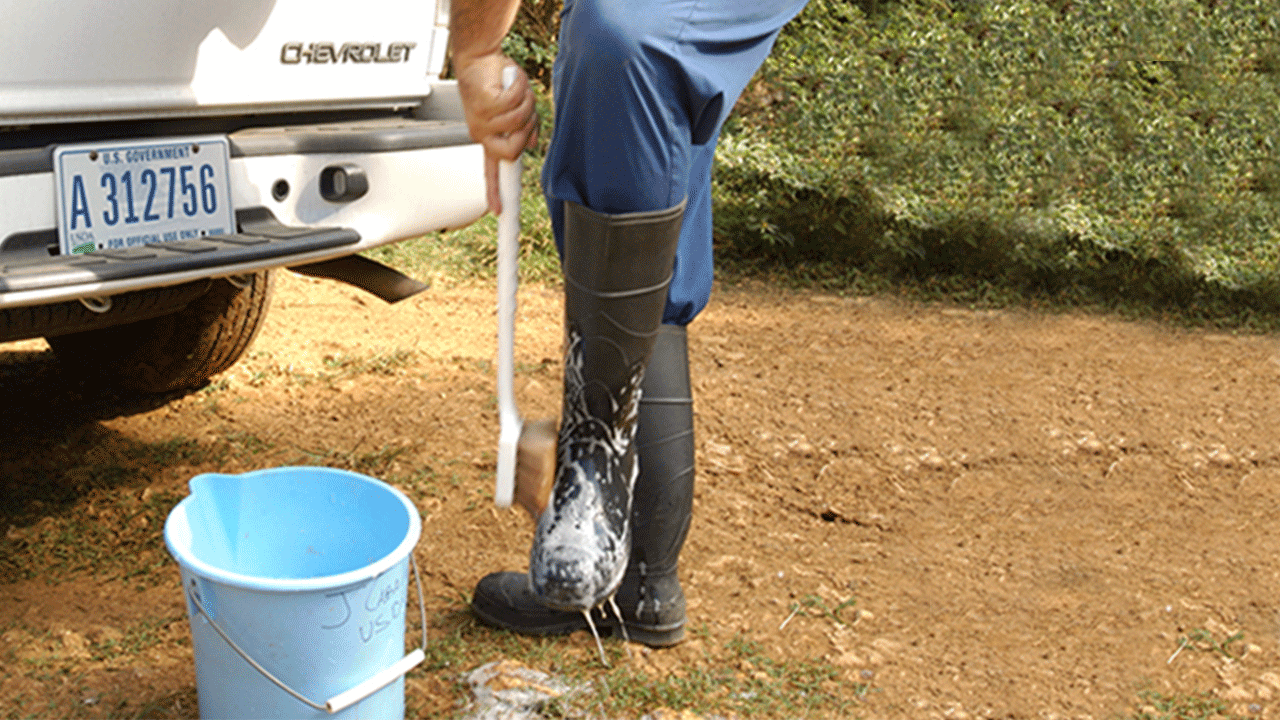 person cleaning their rubber boots