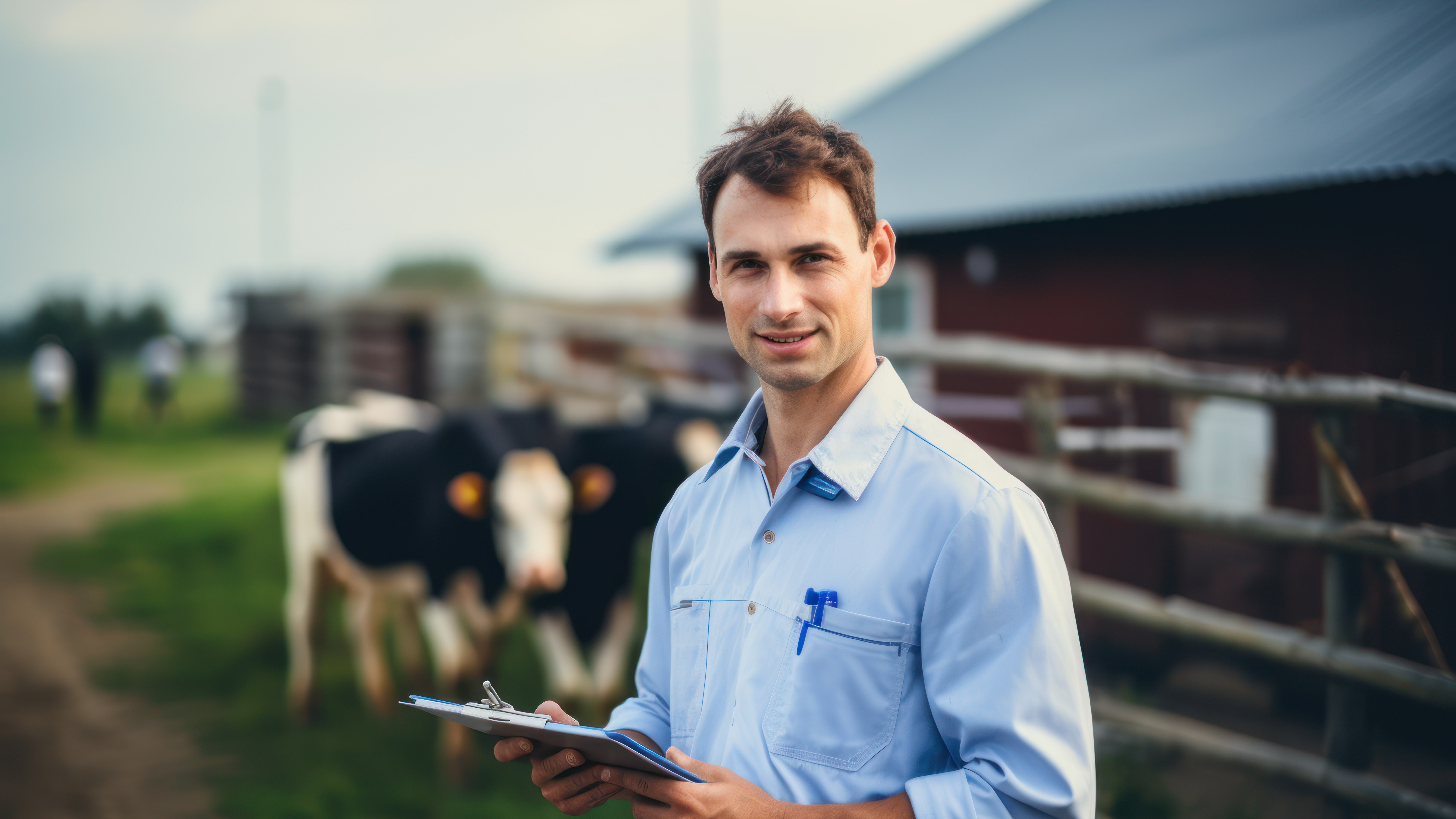 Man holding clipboard standing outside a cow barn