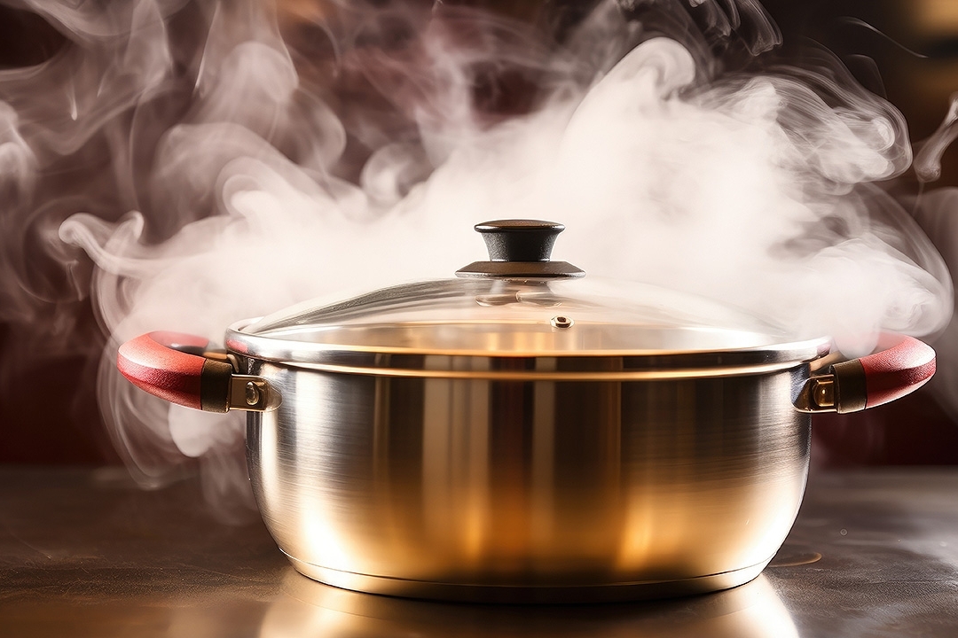 Stainless steel pressure cooker releasing steam, blurred background.