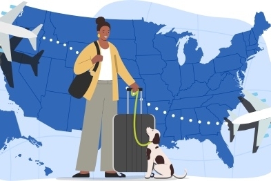 A cartoon woman shows a woman with a suitcase and a dog on a leash. She is standing in front of a map-like image of the United States with two planes flying away from it, representing travel out of the country