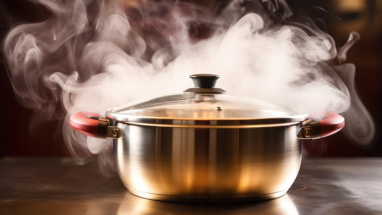 Stainless steel pressure cooker releasing steam, blurred background.