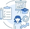 Multiple images of an employee, a cog, bar graph presentation and checklist presented in a circle.