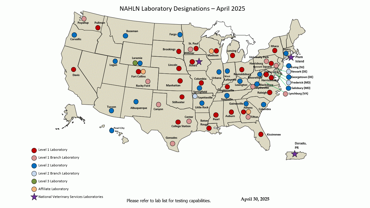 NAHLN Laboratory Designations US map showing locations and designations of all NAHLN laboratories